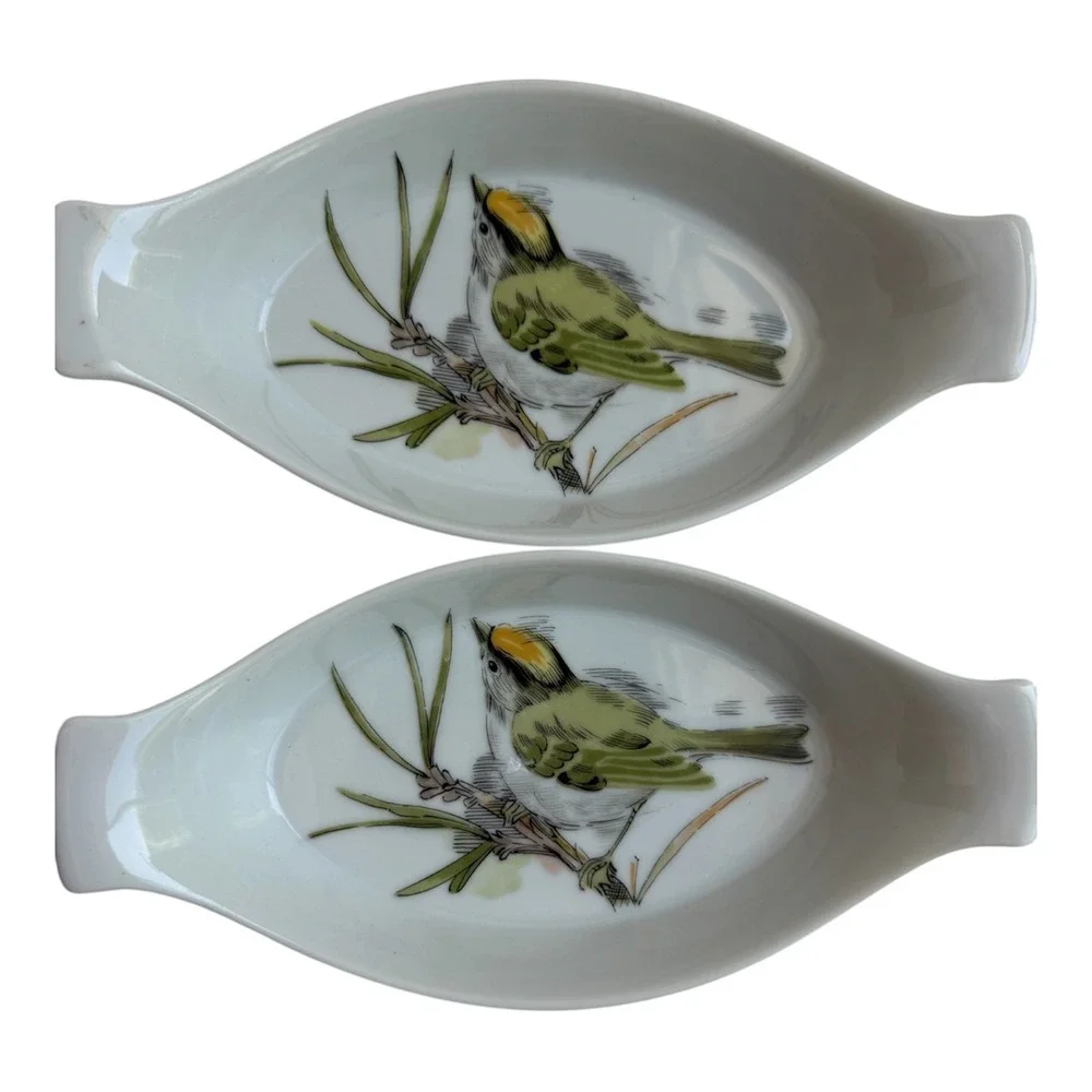 Enesco Song Bird Fine China Trinket Dish Set of 2 Oval Bird Plates Vintage 1978